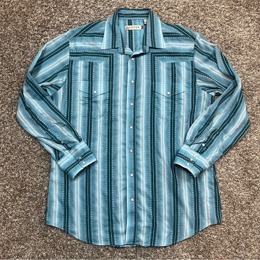 Roper Men’s Western Pearl Snap Shirt XL Blue Teal Striped Long Sleeve Rodeo